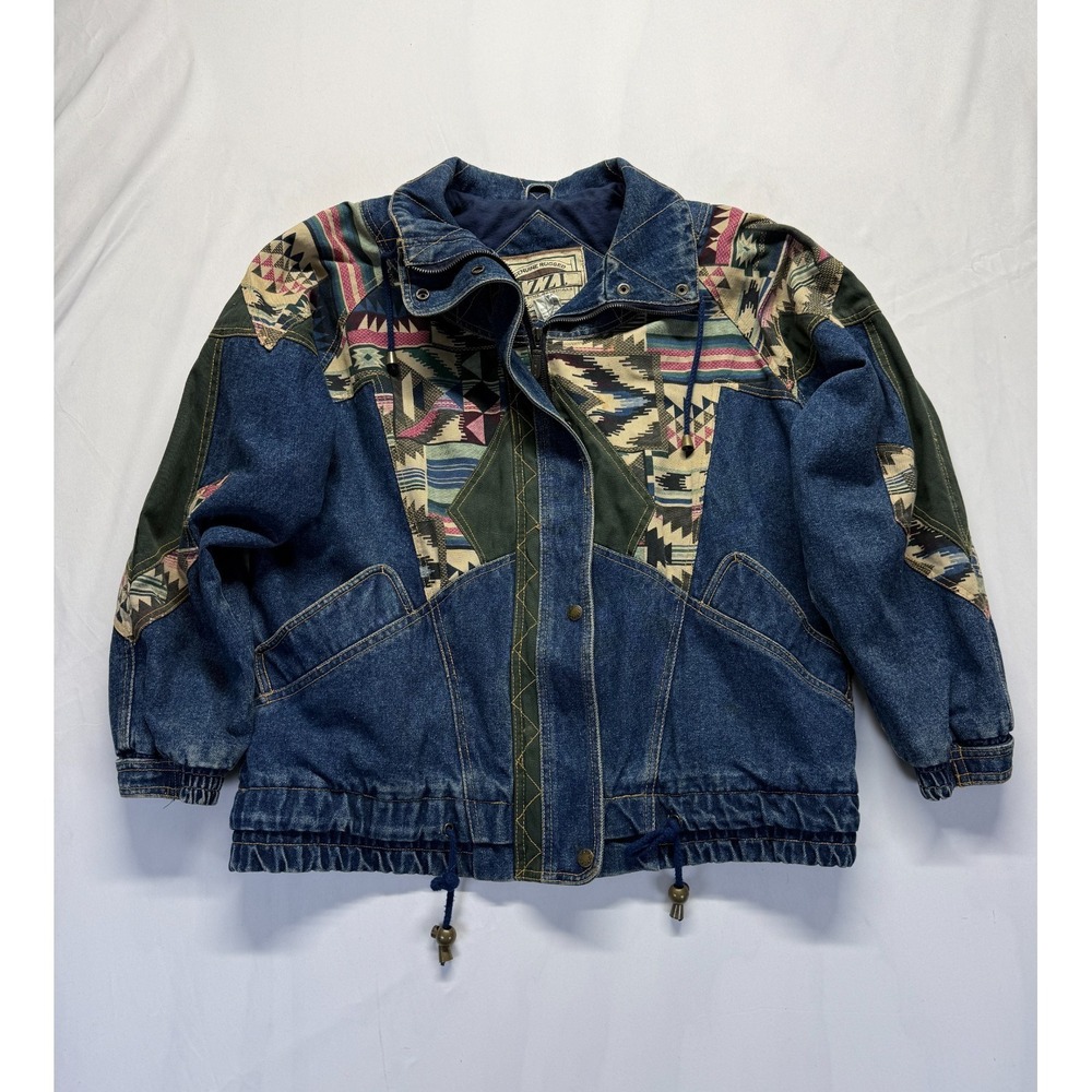 Vintage Izzi Denim Jacket Womens Medium Blue Southwest Aztec Patchwork Full Zip